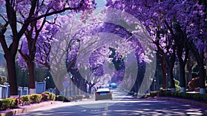 jacaranda trees burst into full bloom, lining the road with a mesmerizing sea of purple flowers while a car drives