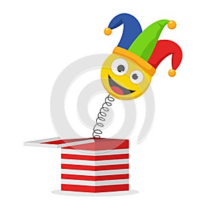 Jack in the box toy isolated on white background. Jester hat and laughing emoticon. Surprise joke for April Fools day.