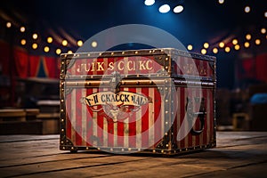 Jack box on the wooden floor in the circus. Circus day. Generated by artificial intelligence