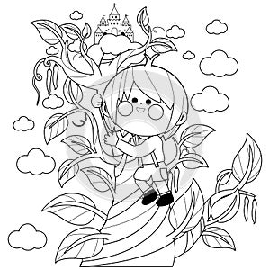 Jack climbing the magic beanstalk. Fairy tale child character. Vector black and white coloring page