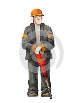 Jack hammer worker. Builders working on construction works illustration