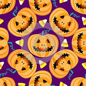 Jack lantern pumpkin Happy Halloween jackolantern seamless pattern.Vector illustration isolated on purple background.