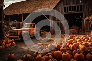 A jack o lantern barn, its rotting wooden doors gaping open to reveal piles upon piles of pumpkins waiting to be carved for