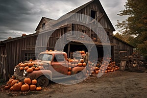 A jack o lantern barn, its rotting wooden doors gaping open to reveal piles upon piles of pumpkins waiting to be carved for