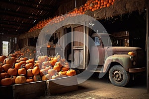 A jack o lantern barn, its rotting wooden doors gaping open to reveal piles upon piles of pumpkins waiting to be carved for