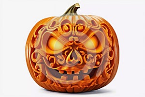 Jack-o-lantern with beautiful carving patterns and scary glowing eyes. Halloween pumpkin on a white background