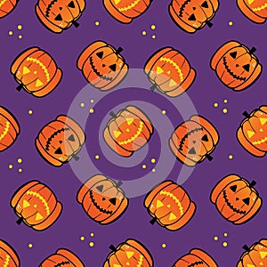 Jack o Lantern, carved halloween pumpkin characters and dots vector seamless pattern background