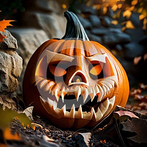 Jack O\'Lantern carved pumpkin with big teeth
