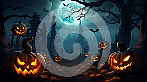 Jack \'o lantern in cemetery in spooky night with full moon   halloween