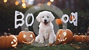 jack o lantern A comical Halloween puppy dressed as a ghost with holes cut out for eyes, sitting next to a sign