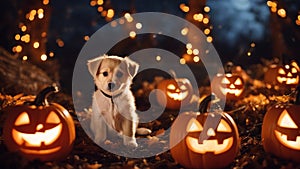 jack o lantern An enchanting Halloween puppy with a miniature broomstick, surrounded by a circle of carved pumpkins