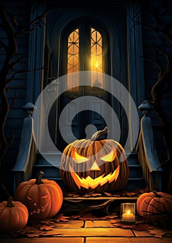 A jack o lantern flickering on a front porch halloween frame border