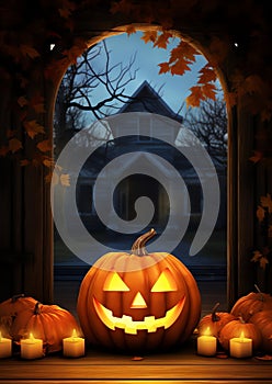 A jack o lantern flickering on a front porch halloween frame border