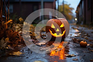 Jack O\'Lantern glowing brightly on an autumn street