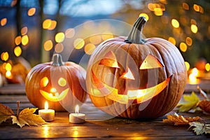 Jack o Lantern. A glowing carved pumpkin with a smiling face photo