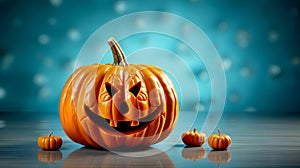 Jack O Lantern with glowing eyes on blue background. Glowing halloween pumpkin