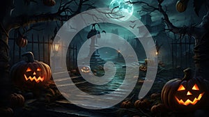 Jack o\' lantern glowing in old cellar in creepy fantasy night halloween background
