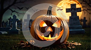 Jack-o-lantern in a graveyard. A glowing pumpkin with a sinister smile on a misty Halloween night. Concept of Halloween
