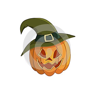 Jack O Lantern in a green whitch hat on white isolated background, vector stock illustration in Cartoon style, concept of