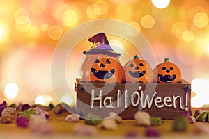 Jack O Lantern Halloween Pumpkin bright with bokeh effect background, bokeh light, Halloween background, holiday celebration