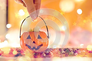 Jack O Lantern Halloween Pumpkin bright with bokeh effect background, bokeh light, Halloween background, holiday celebration