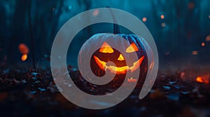 A jack-o-lantern in the middle of a dark forest at night