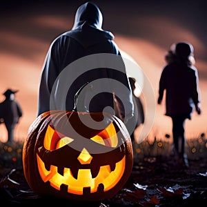 Jack-O-Lantern at Night With People Looking at the Moon in the Background