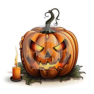 Jack-o-lantern pumpkin and burning candle, Halloween image on a white isolated background