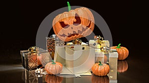 The jack o lantern pumpkin and gift box for halloween content 3d rendering