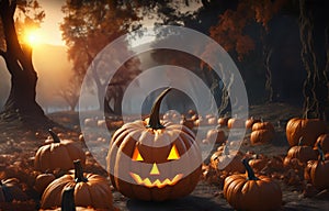 Jack-O-Lantern in pumpkin patch on sunset background