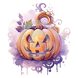 Jack-o-lantern pumpkin, purple watercolor, Halloween image on a white isolated background