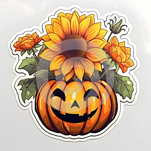 Jack-o-lantern pumpkin sticker with sunflowers, Halloween image on a bright isolated background
