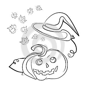 Jack O Lantern Pumpkin with witch hat and autumn leaves flying from the hat Line art abstract vector .Halloween design