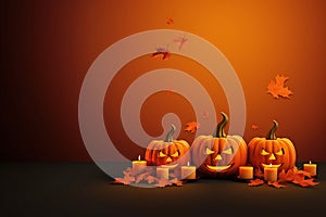 Jack O Lantern pumpkins, candles and leaves on orange background