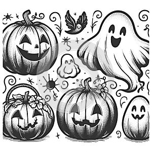 Halloween pumpkins and ghosts vector illustration