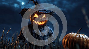 Jack-o'-lantern Scarecrow in a Field at Night