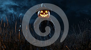 Jack-o'-lantern Scarecrow in a Field at Night