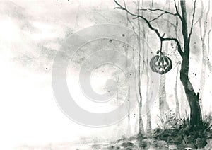 Jack o lantern in spooky forest Halloween watercolor frame