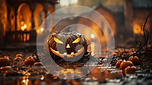 A jack-o-lantern on a wet ground