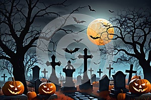 Jack-o\'-Lanterns Casting Eerie Shadows - A Full Moon Illuminating a Misty Graveyard, Scarecrows with Haunting Presence