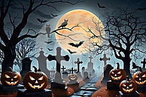Jack-o\'-Lanterns Casting Eerie Shadows - A Full Moon Illuminating a Misty Graveyard, Scarecrows with Haunting Presence