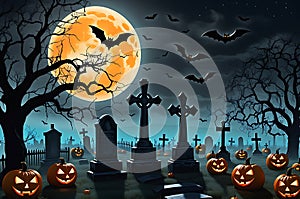 Jack-o\'-Lanterns Casting Eerie Shadows - A Full Moon Illuminating a Misty Graveyard, Scarecrows with Haunting Presence