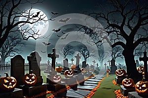 Jack-o'-Lanterns Casting Eerie Shadows - A Full Moon Illuminating a Misty Graveyard, Scarecrows with Haunting Presence