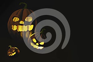 Jack-O-Lanterns in dark tone black background, holiday decoration for Halloween and autumn season. 3d render.