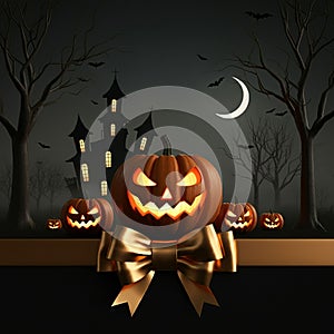Jack-o\'-lanterns with glowing eyes and jagged grins are set against a dark, eerie photo