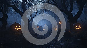 Jack-o'-lanterns Lit in a Foggy Forest Path