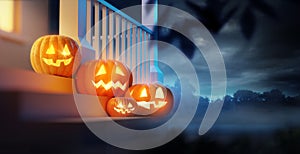 Jack O Lanterns On a Porch On Halloween