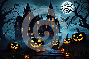 Jack o Lanterns and Trick or Treaters on Ominous Halloween Night, AI Generated