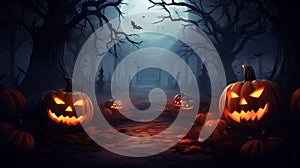 Jack oâ€™ lanterns in spooky forest with ghost lights   halloween background