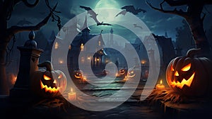 Jack oâ€™ lanterns in spooky forest with ghost lights   halloween background